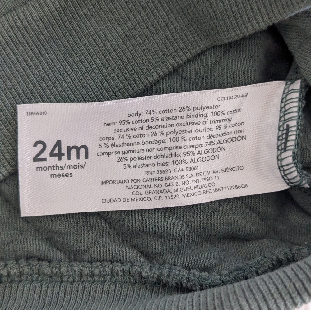 Carter's Toddler Quilted Sleeveless Hoodie Vest, Olive Green. Size 24M - Picture 5 of 5